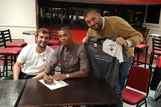 Rodney Lampton (right), Marcus Bent (centre) and Wick boss Lee Baldwin (left) back in September when Marcus Bent signed for Wick
