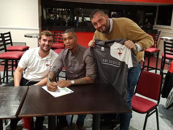Rodney Lampton (right), Marcus Bent (centre) and Wick boss Lee Baldwin (left) back in September when Marcus Bent signed for Wick
