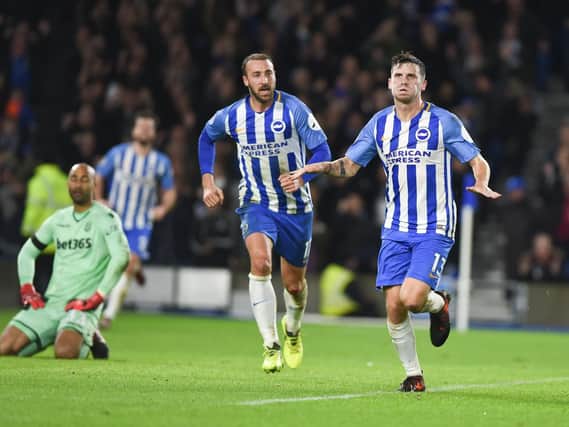 Pascal Gross celebrates Albion's first equaliser. Picture by Phil Westlake (PW Sporting Photography)