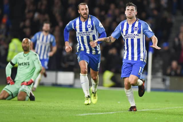 Pascal Gross celebrates Albion's first equaliser. Picture by Phil Westlake (PW Sporting Photography)