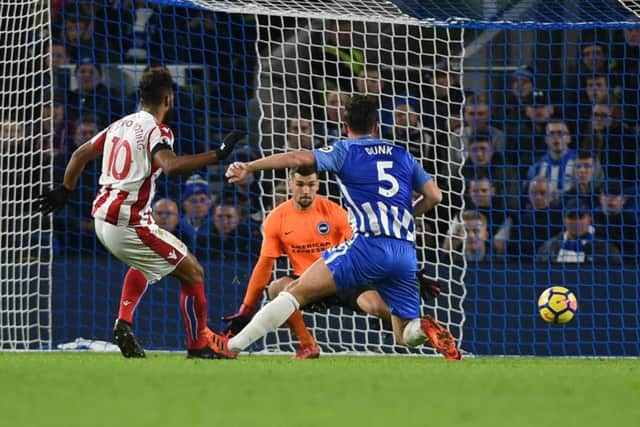 Maxim Choupo-Moting gives Stoke the lead. Picture by Phil Westlake (PW Sporting Photography)
