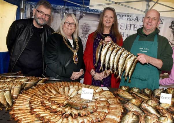 L-R Peter Chowney (Leader of Hastings Council), Judy Rogers (Mayor of Hastings), Cllr Kim Forward and Sonny Elliot owner of Rock A Nore Fisheries
