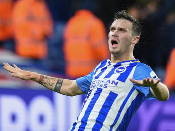 Pascal Gross celebrates scoring against Stoke on Monday. Picture by Phil Westlake (PW Sporting Photography)