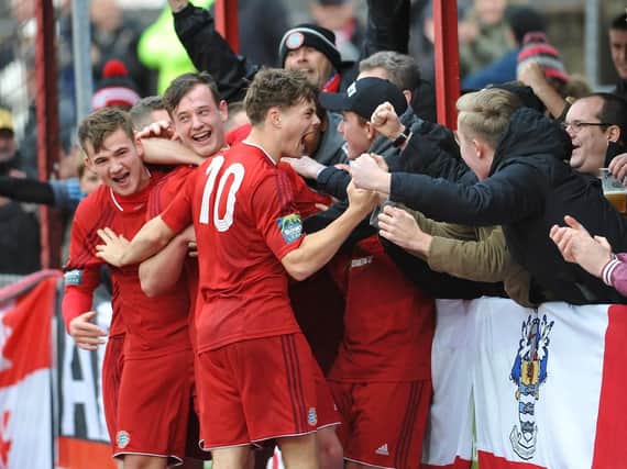 Worthing celebrate going ahead in Saturday's home Bostik League Premier Division clash with Leiston. Picture by Stephen Goodger