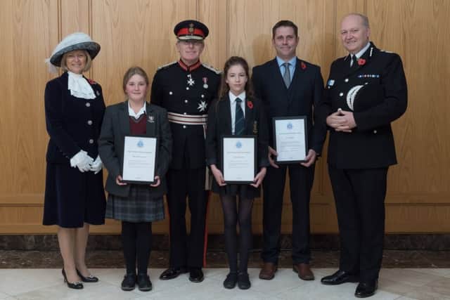 From left: The High Sheriff of East Sussex Maureen Chowen, Katie Ann Latham, the Lord Lieutenant of Sussex Peter Field, Lettie Young,  Lee Gillman and the Chief Constable of Sussex, Giles York.