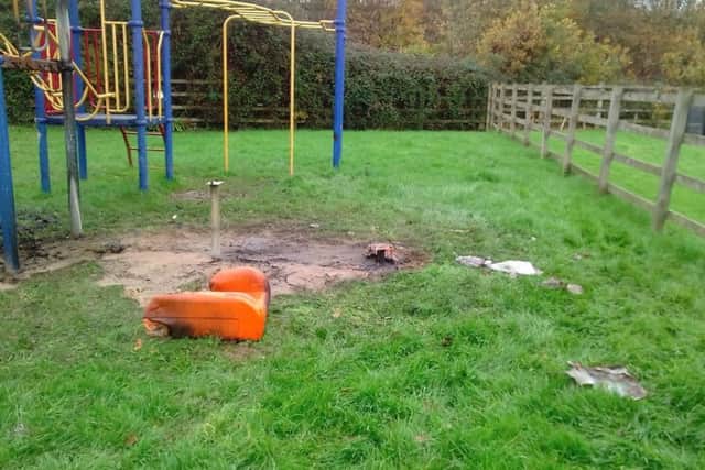 Aftermath of the fire deliberately started in Manor Fields playground. Photo contributed by Billingshurst Parish Council.