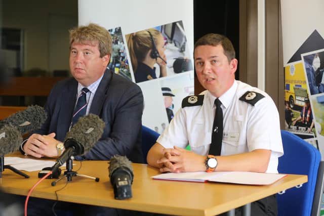 PLANE CRASH SHOREHAM AIRPORT - Sunday Police press briefing - pictured in left RAFA CEO NICK BUNTING AND SUSSSEX POLICE ACC STEVE BARRY