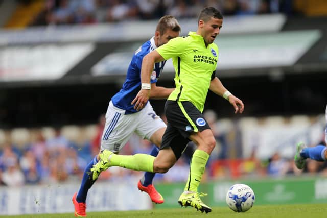 Brighton striker, Tomer Hemed scores a goal to make it 3-2 to Brighton during the Sky Bet Championship match between Ipswich Town and Brighton and Hove Albion at the Portman Road, Ipswich, England on 28th August 2015.